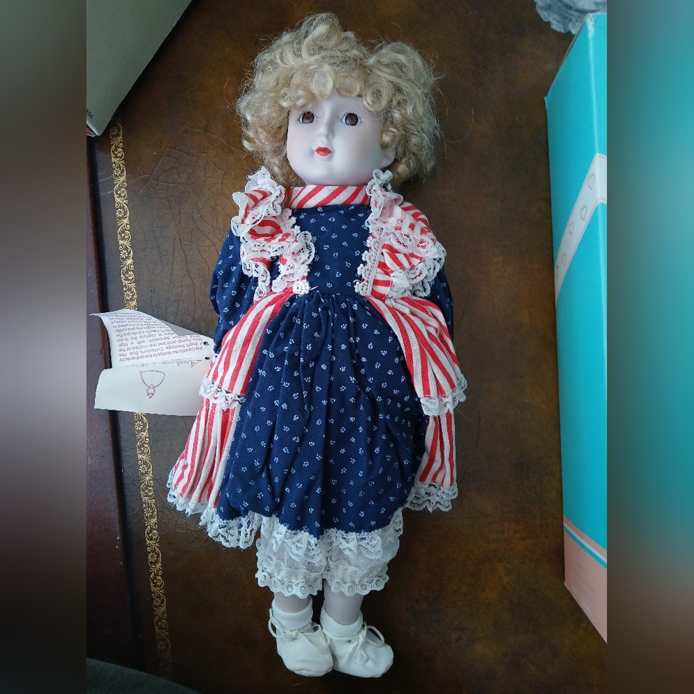 Porcelain Doll with Blue Dress and Blonde Hair